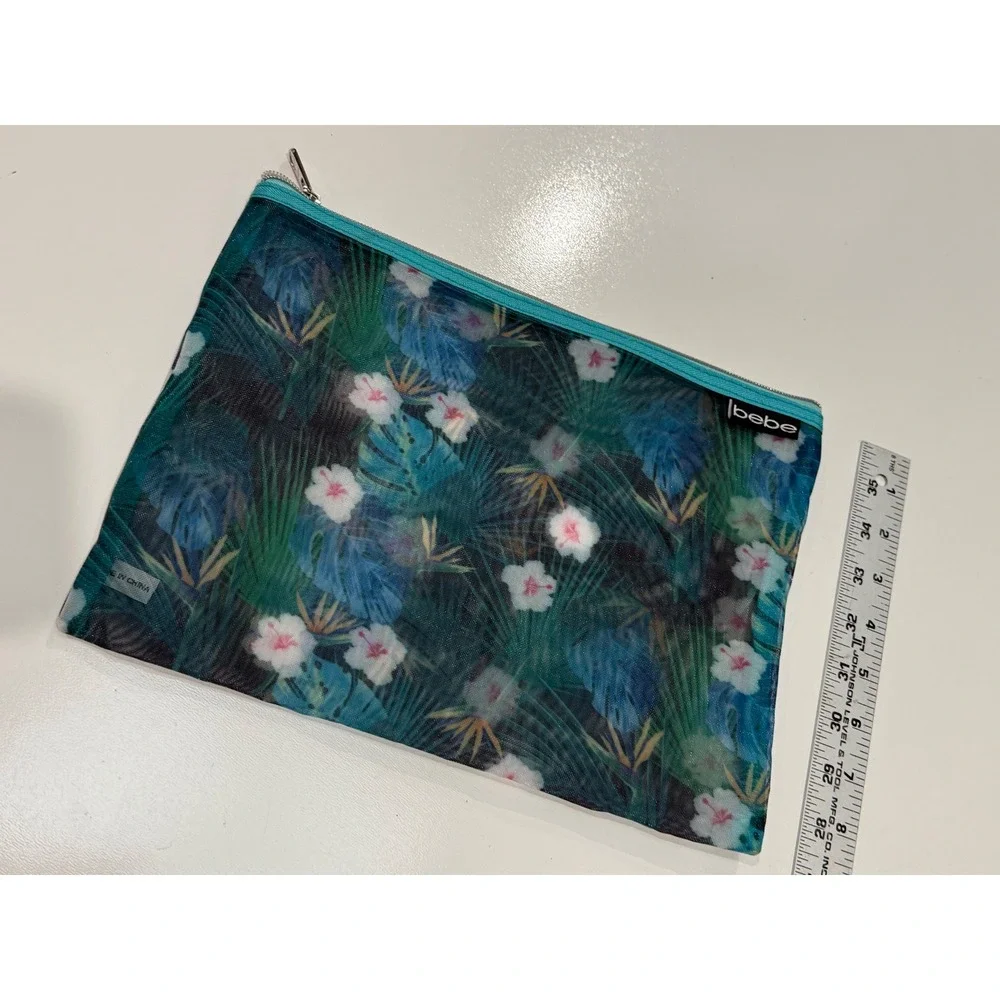 Bebe Tropical Floral Mesh Cosmetic Bag Teal Blue Hibiscus Travel Pouch Zipper